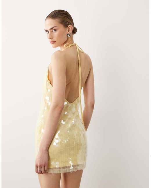 SNDY'S Natural Disc Sequin V Neck Low Back Mini Dress