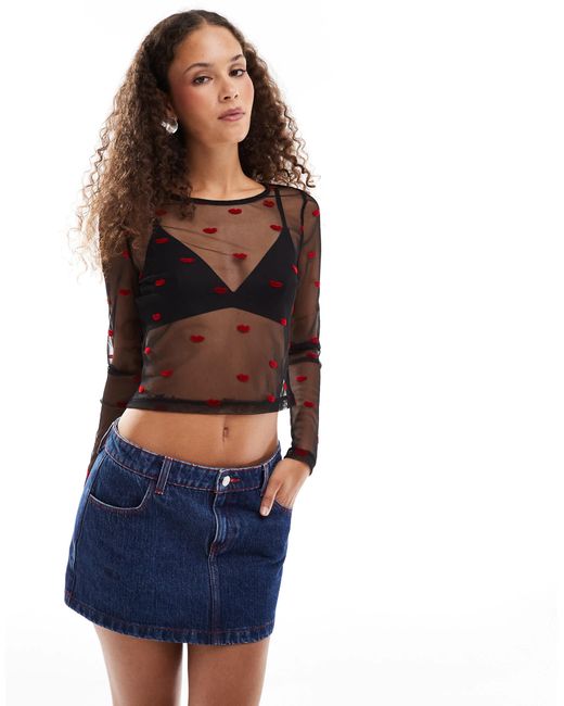 Noisy May Blue Long Sleeve Mesh Top With Lip Flocking