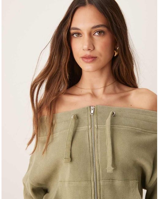 ASOS Natural Waffle Off Shoulder Zip Through Sweat