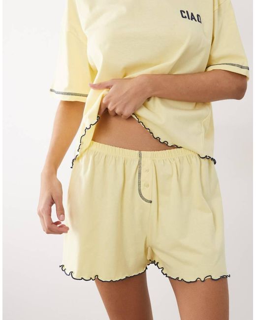 ASOS Natural Embroidered Ciao Slogan Short Sleeve Tee And Shorts Pyjama Set With Lettuce Edge