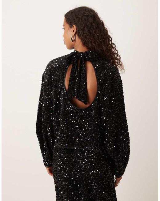 ASOS Black Velvet Sequin Open Back Long Sleeve Blouse