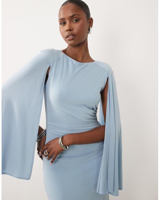 TFNC London Blue Slinky Cape Sleeve Ruched Side Maxi Dress