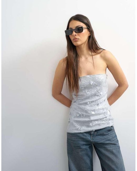 TOPSHOP Gray Floral Sequin Bandeau