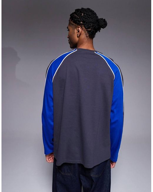 ASOS Oversized Long Sleeve T-shirt Panelling Detail And Sports Graphic Charcoal And Blue for men