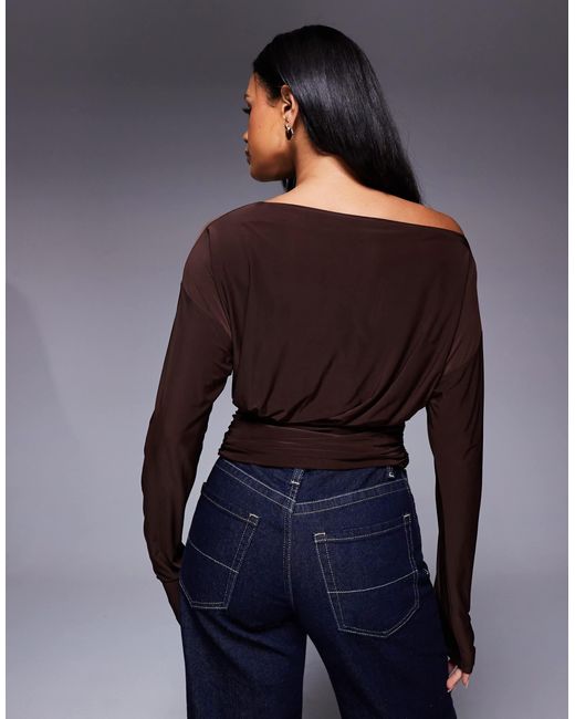 ASOS Blue Slinky Asymmetric One Shoulder Long Sleeve Top With Cinch Waist Detail