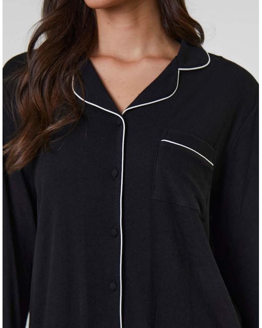 Loungeable Black Rib Long Sleeve Traditional Shirt And Long Pant