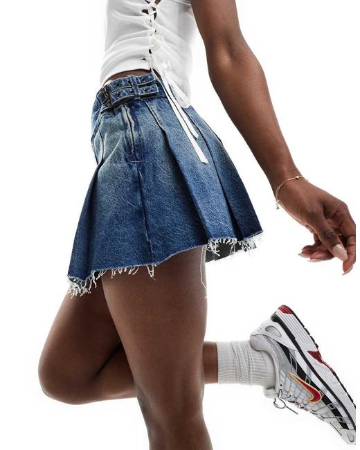 Bershka Blue Pleated Denim Mini Skirt