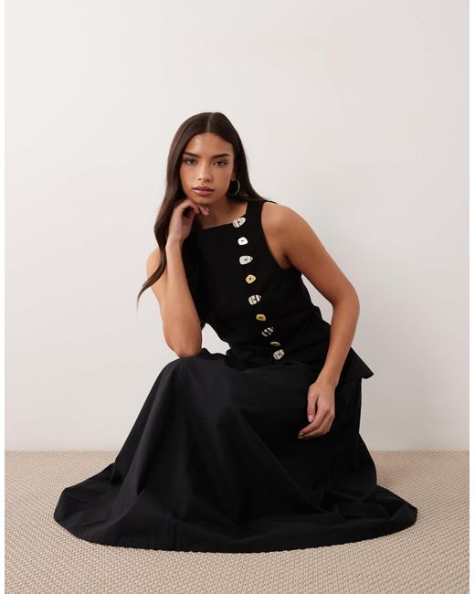 asos black linen dress DESIGN high neck grown on sleeve midi with open back and button neck detail in to choice for any occasion. Black - EU 42 -