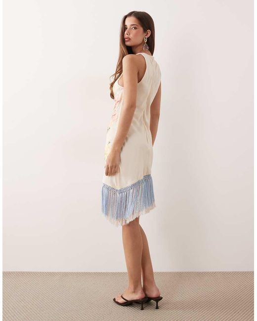 ASOS Natural Embroidery Mini Dress With Fringe Hem