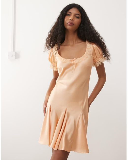 Reclaimed Vintage Natural Mini Tea Dress With Lace Trim And Godets