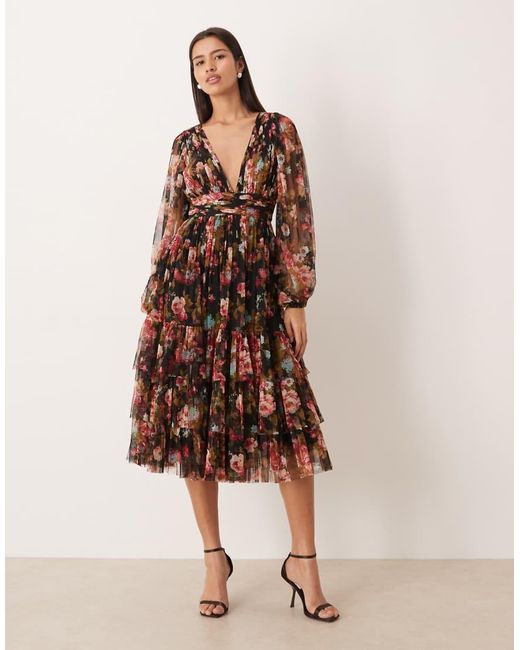 LACE & BEADS Natural Tulle Sheer Balloon Sleeve Deep V Neck Tiered Midi Dress