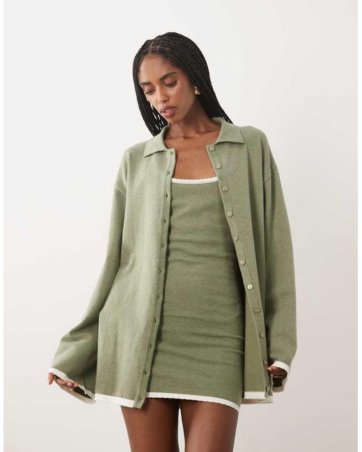 SNDY'S Green Cotton Rich Contrast Trim Knitted Wide Sleeve Cardigan Co-ord