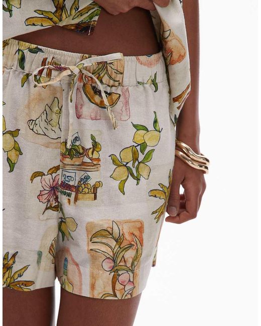 TOPSHOP Shorts Van Linnenmix Met Hoge Taille, Trekkoord En Print in het Natural