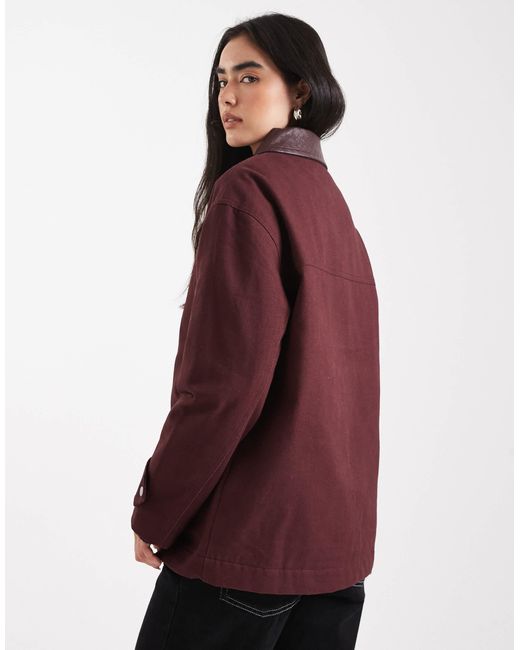 4th & Reckless Women's Red Faux Leather Woven Detail Collar Workwear Jacket casual jackets