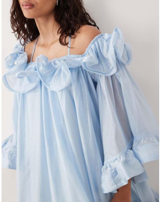 Y.A.S Blue Bardot Ruffle Detail Mini Dress