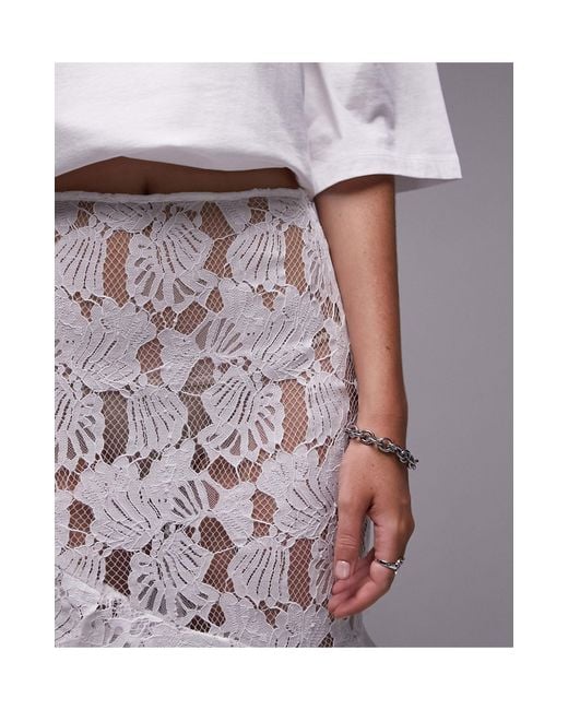 TOPSHOP Gray Shell Lace Ruffle Midi Skirt