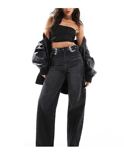 Bershka Black Diamante Western Wide Leg Jeans