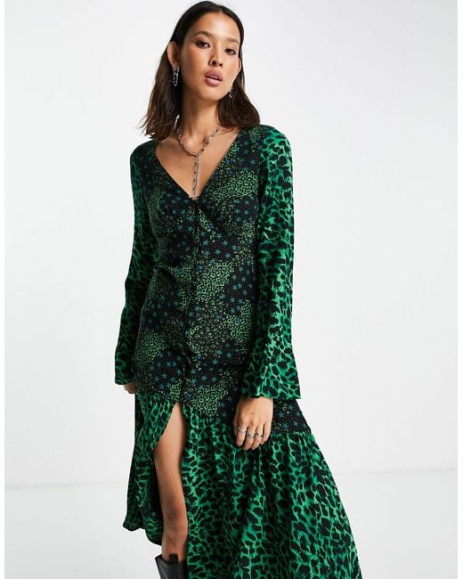 TOPSHOP Green Mix And Match Star And Leopard Print Button Front Midi Dress