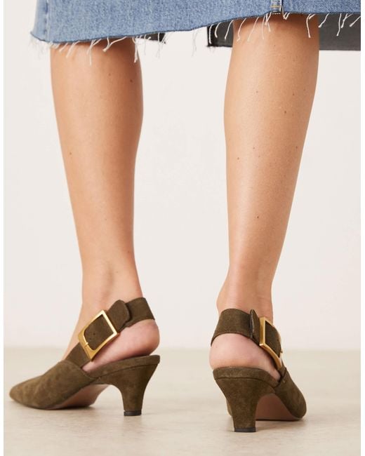 ASOS Natural Shiloh Large Buckle Detail Slingback Kitten Heel Shoes