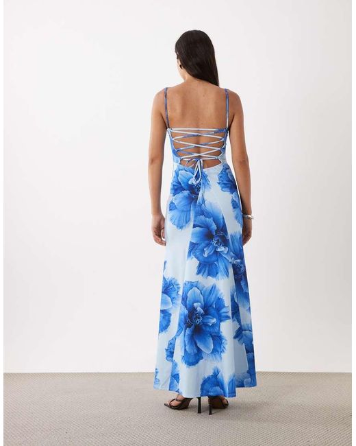 ASOS Blue Square Neck Maxi With Open Lace Up Back