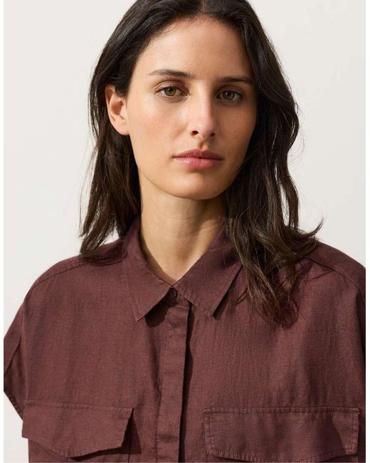 Oysho Brown 100% Linen Collared Shirt With Pockets