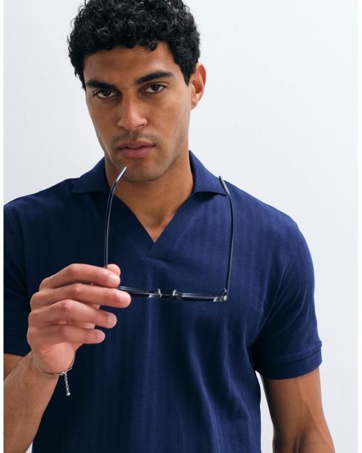 SELECTED Blue Ribbed Split Neck Polo for men