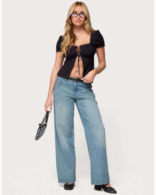 Edikted Blue Lacey Split Front Lace Up Top