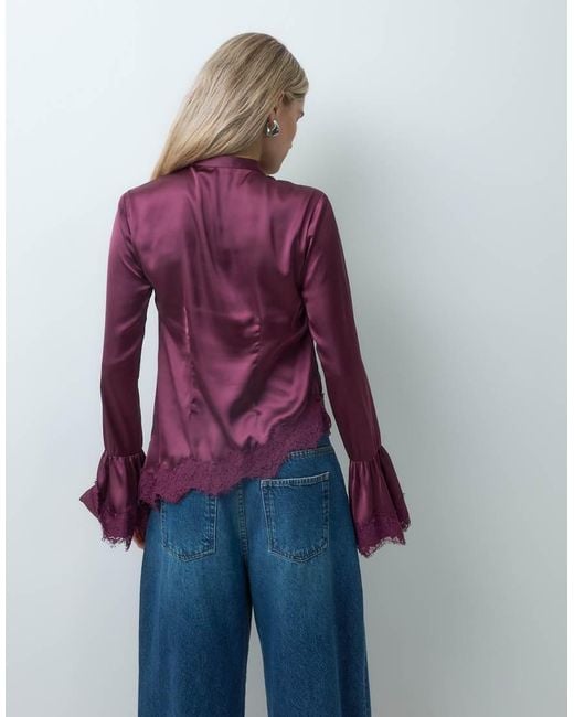 Reclaimed Vintage Purple Mandarin Collar Satin Blouse With Asym Hem