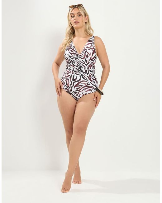 Yours Clothing White Zebra Ruched Plunge Swimsuit