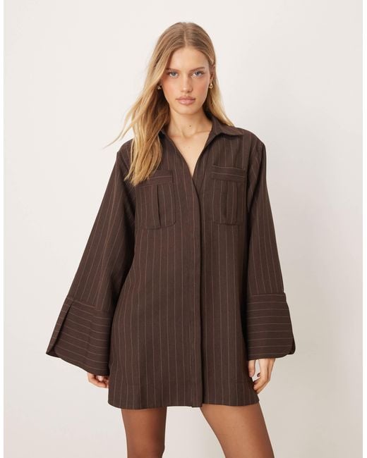ASOS Brown Mini Shirt Dress With Wide Cuffs And Oversized Pockets