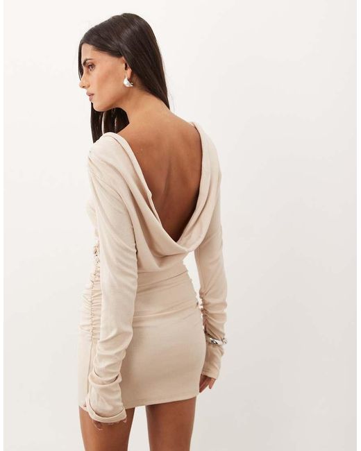 SNDY'S Natural Drape Cowl Back Ruched Waist Mini Dress