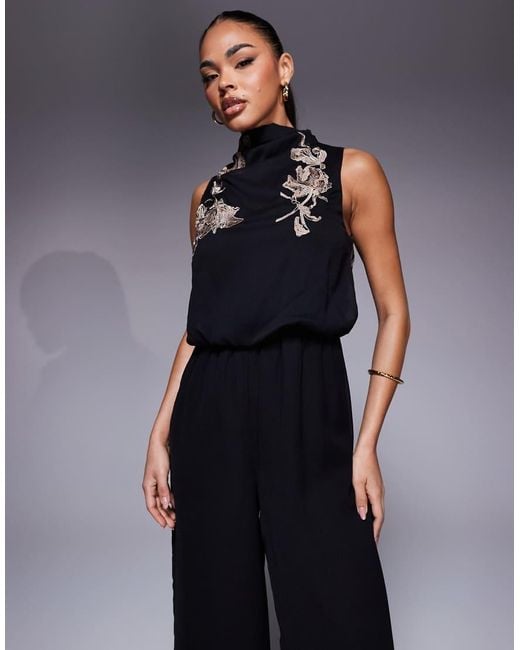 ASOS Blue Cowl Neck Embroidered Wide Leg Jumpsuit