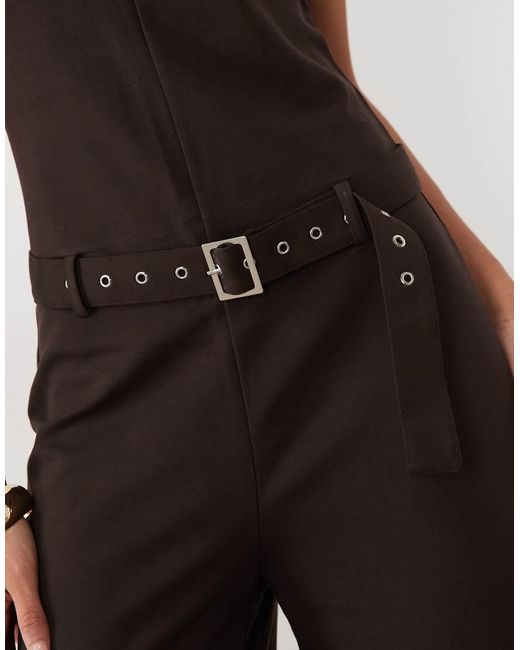 Mango Brown Sleeveless Belted Jumpsuit