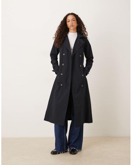 Brave Soul Blue Double-Breasted Longline Trench Coat