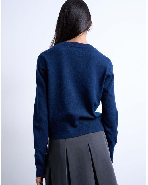 TOPSHOP Blue Knitted Fine Argyle Cardigan