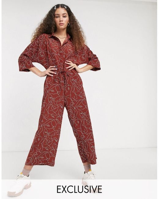 Monki Harriot Face Print Wide Leg Jumpsuit in Red | Lyst Australia