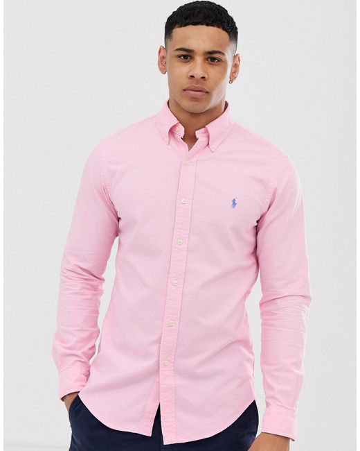 Polo Ralph Lauren Pink Player Logo Garment Dye Oxford Button Down Shirt Slim Fit for men
