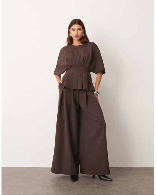 ARRANGE Brown Pleat Waist Short Sleeve Top