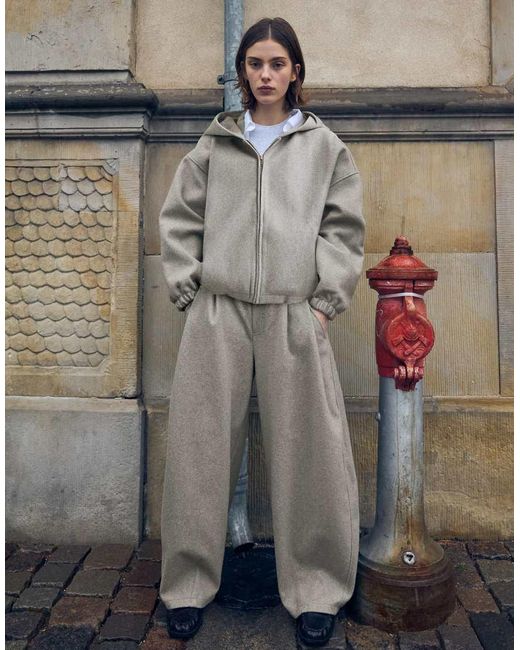Bershka Gray Wool-Effect Barrel-Leg Trousers
