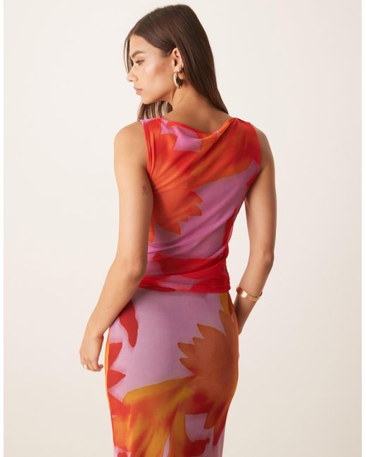 ASOS Orange Mesh Oversized Tropical Floral Slash Neck Co Ord Top