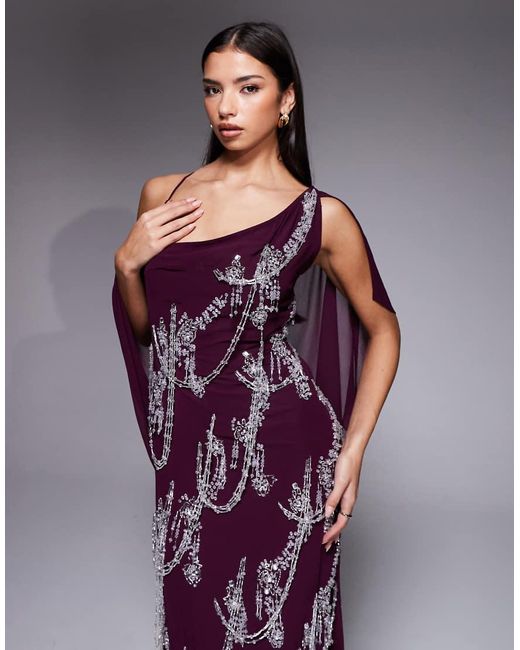 ASOS Purple Fringe Embellished Bias Cut Maxi Dress With Cape Sleeve