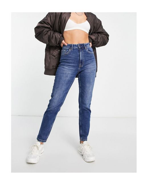 stradivarius slim mom jean with stretch in washed blue