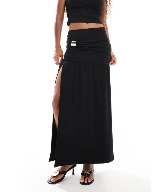 4th & Reckless Black Double Layered Slinky Gold Hardware Detail Thigh Split Maxi Skirt Co-ord