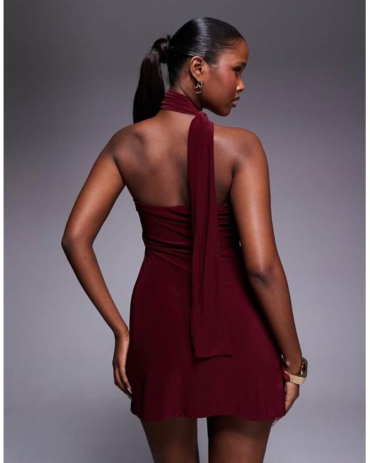 Fashionkilla Red Exclusive Slinky Double Sculpted Halterneck Scarf Detail Mini Dress