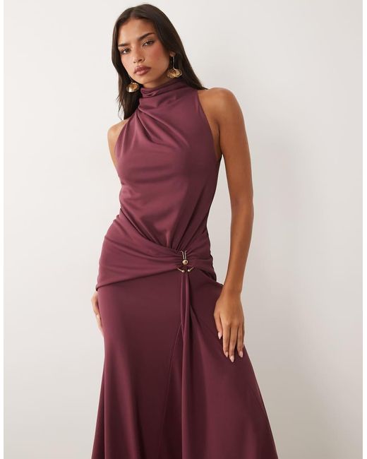 ASOS Red High Neck Drape Maxi Dress With Trim Detail