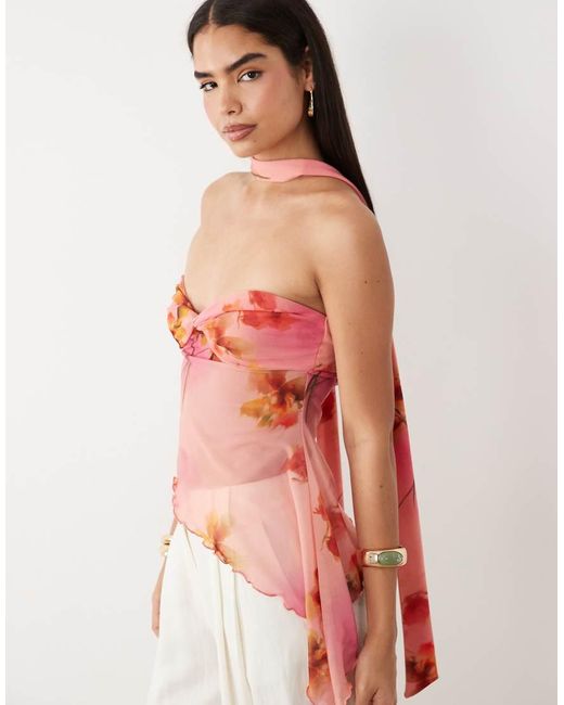 ASOS Red Sheer Twist Floral Print Asymmetric Bandeau