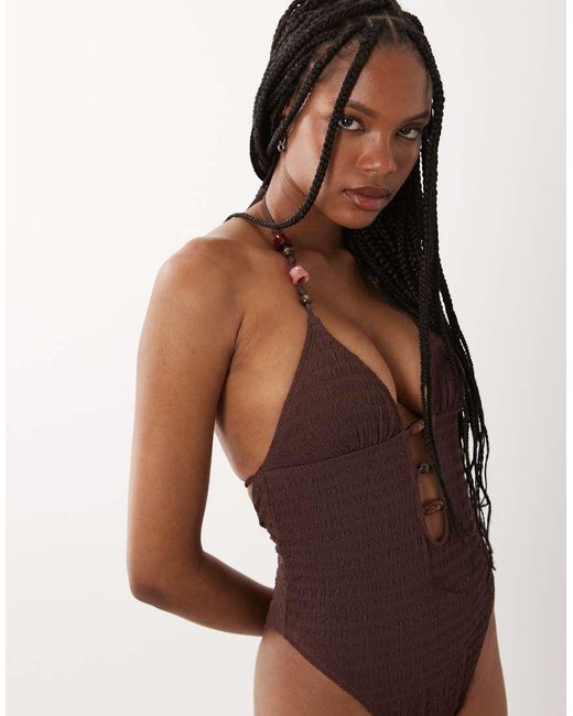 ASOS Brown Asos Design Tall Ruthie Plunge Cut Out Swimsuit With Resin Trim