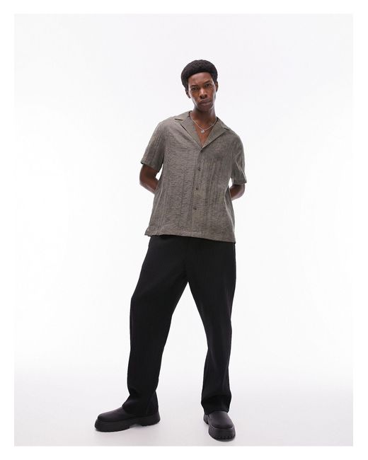 Topman Brown Short Sleeve Regular Fit Deep V Textured Leaf Shirt for men