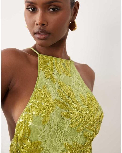 ASOS Green Embellished Lace High Neck Maxi Dress With Full Godet Hem