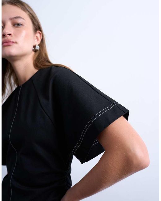 TOPSHOP Black Heavy Twill Contrast Stitch Short Sleeve Mini Dress